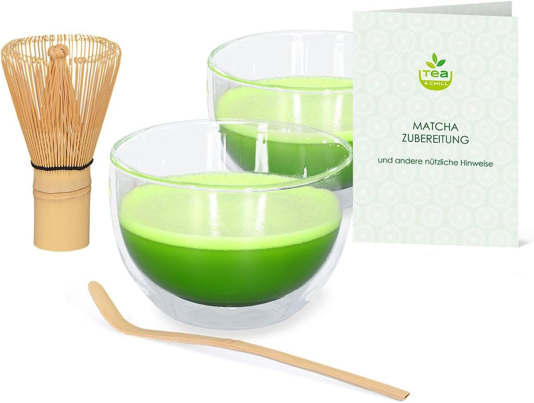 Matcha-Set 4-teilig, bestehend aus 2 Matchaschalen aus doppelwandigem Glas, Matchalöffel und Matchab