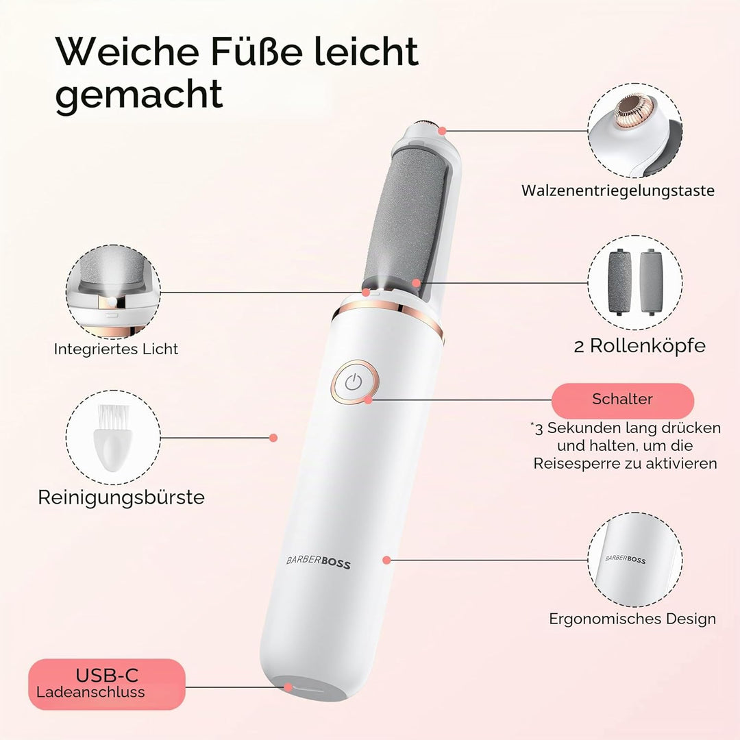 BarberBoss Elektrische Fussfeile, Hornhautentferner für Füsse, wiederaufladbares Pediküre-Set, feine