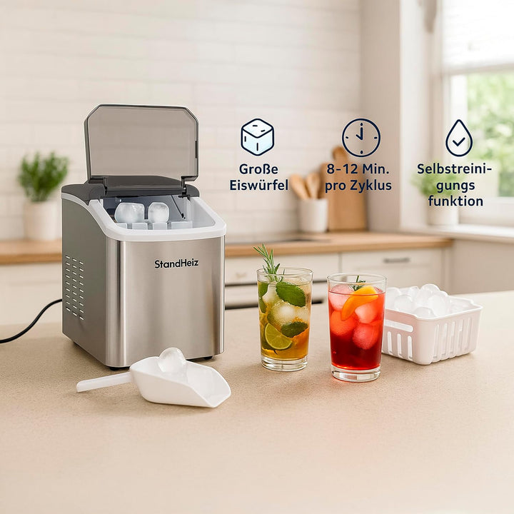 Eiswürfelmaschine Silber 12 kg / 24 h – Selbstreinigender Ice Maker mit 2 Grössen grosse Eiswürfel,