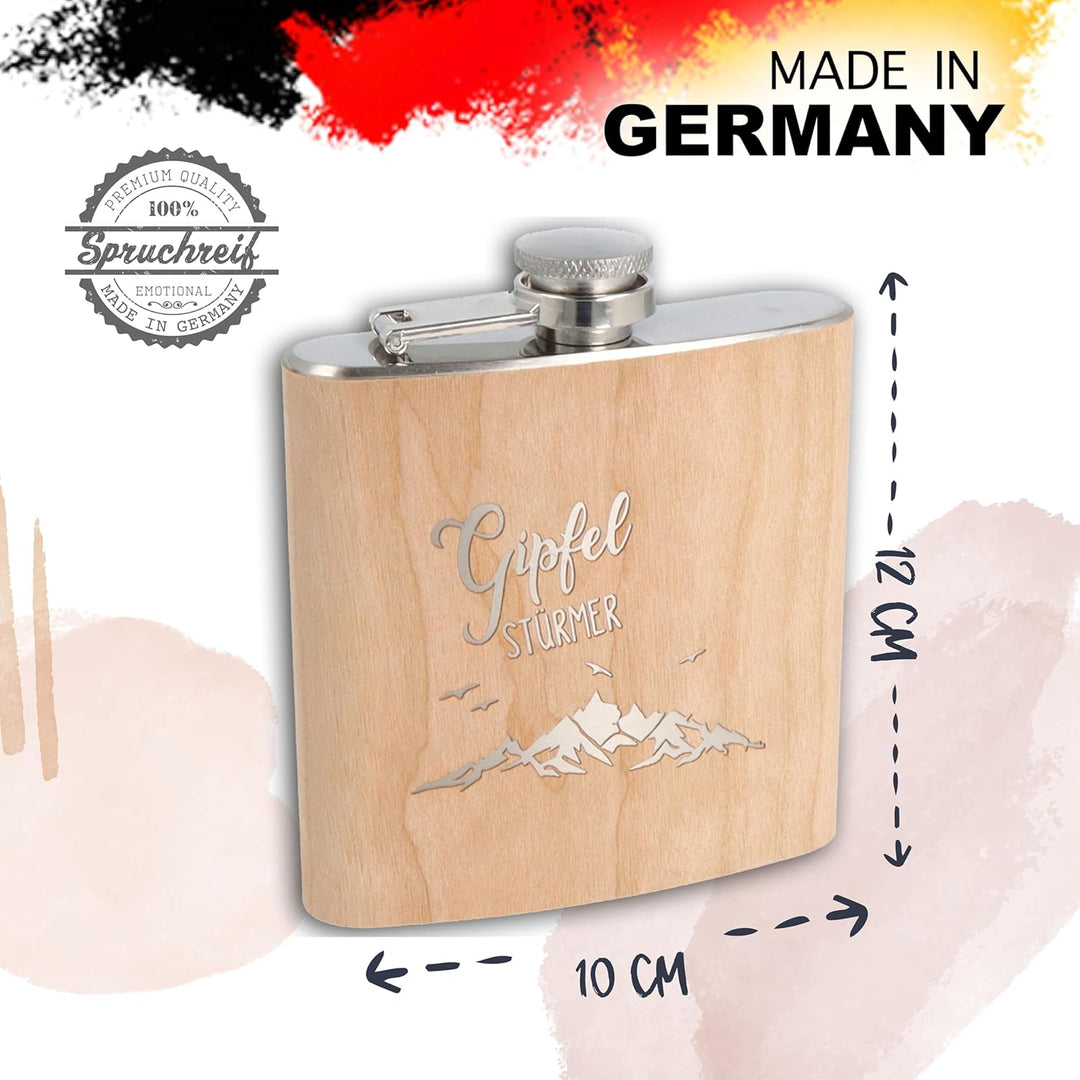 Spruchreif | Flachmann aus Edelstahl mit Gravur „Gipfel Stürmer“ – Geschenkidee für Ski- & Snowboard
