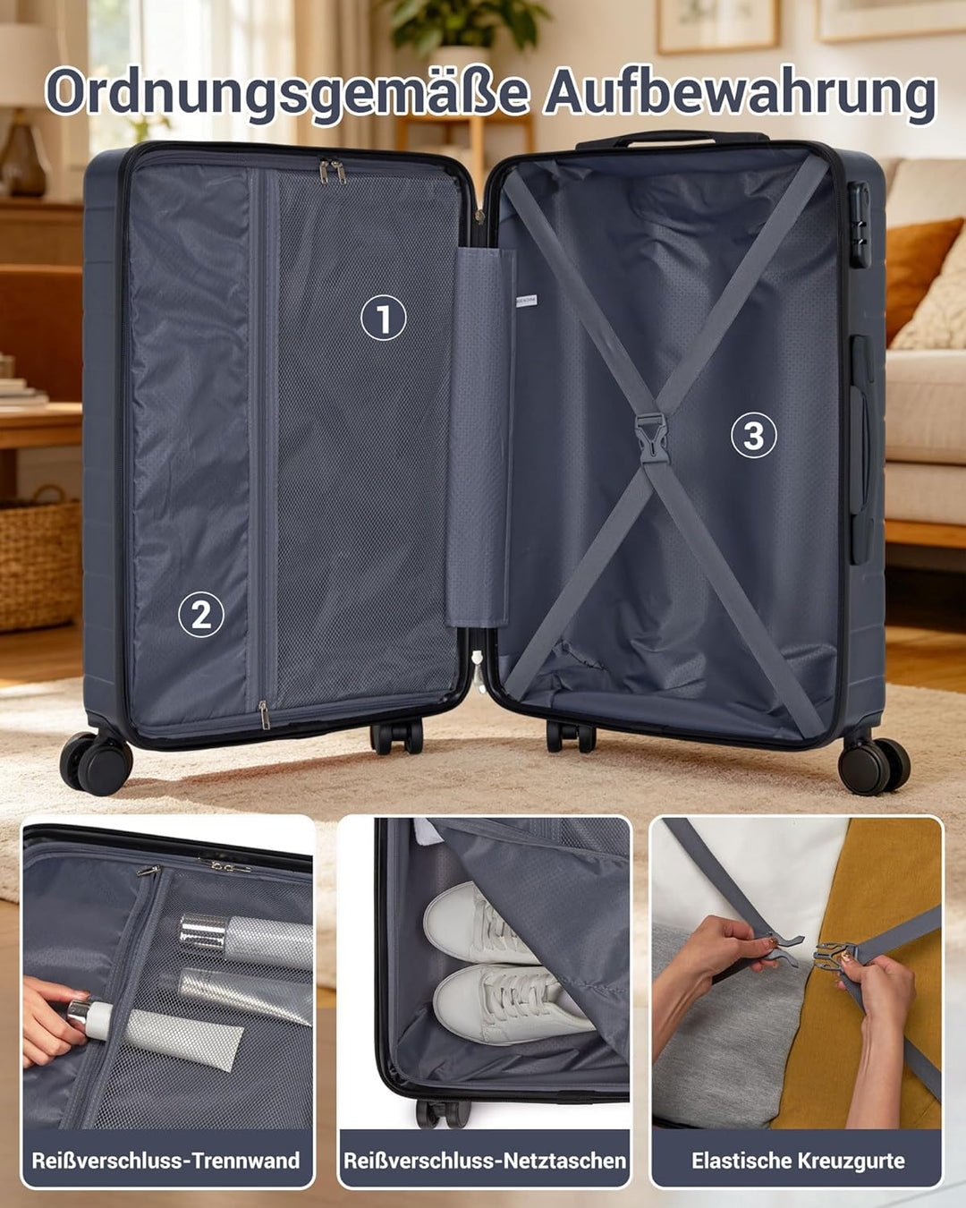 Koffer Mittelgross L 66cm, Leichter ABS+PC Reisekoffer für Flugzeug, Ryanair Trolley mit 4 Rollen, H