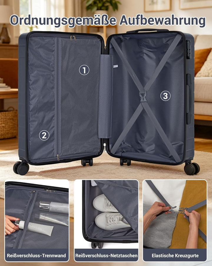 Koffer Mittelgross L 66cm, Leichter ABS+PC Reisekoffer für Flugzeug, Ryanair Trolley mit 4 Rollen, H