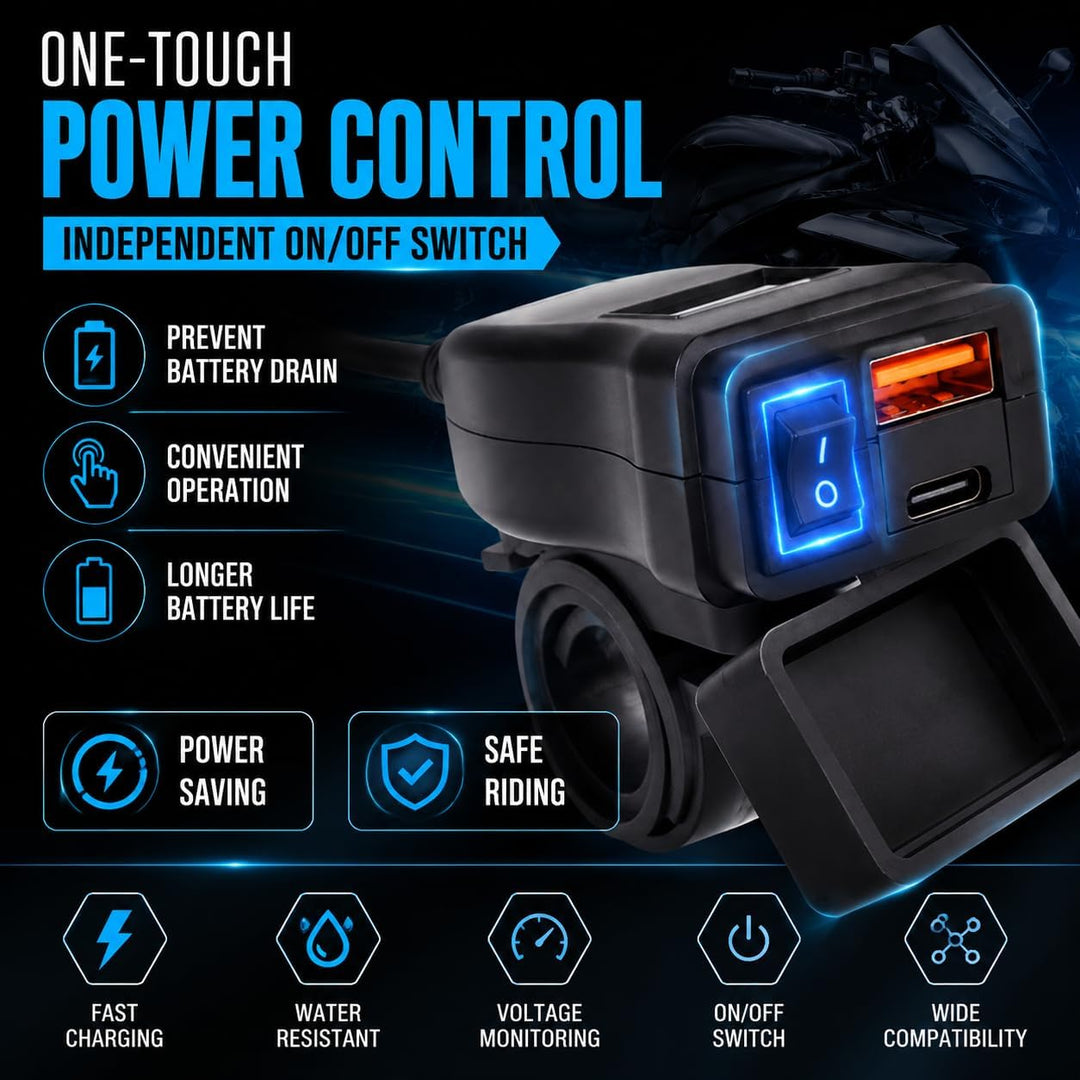Motorrad USB Ladegerätr, PD3.0& QC3.0-Schnellladeanschlüsse, wasserdicht und staubdicht mit LED-Volt