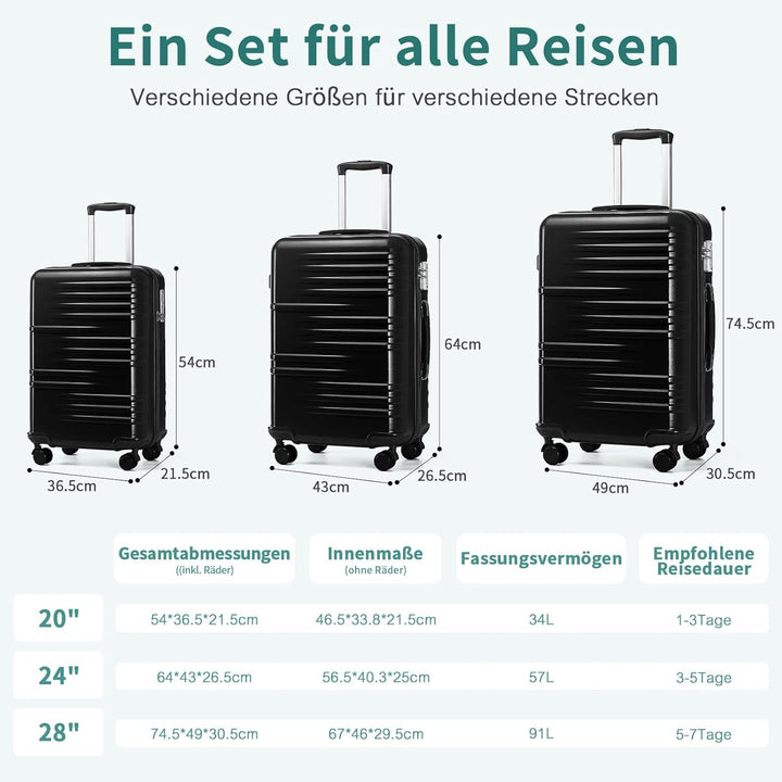 British Traveller Reisekofferset Hartschalenkoffer Set ABS+PC Koffer Trolleys Neu Schwarz Schwarz SE