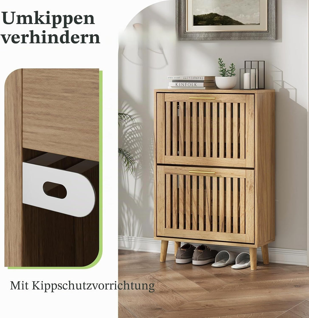 Schuhschrank mit Lamellen und 2 Klappschubladen, schmaler Schuhschrank für den Eingangsbereich, frei