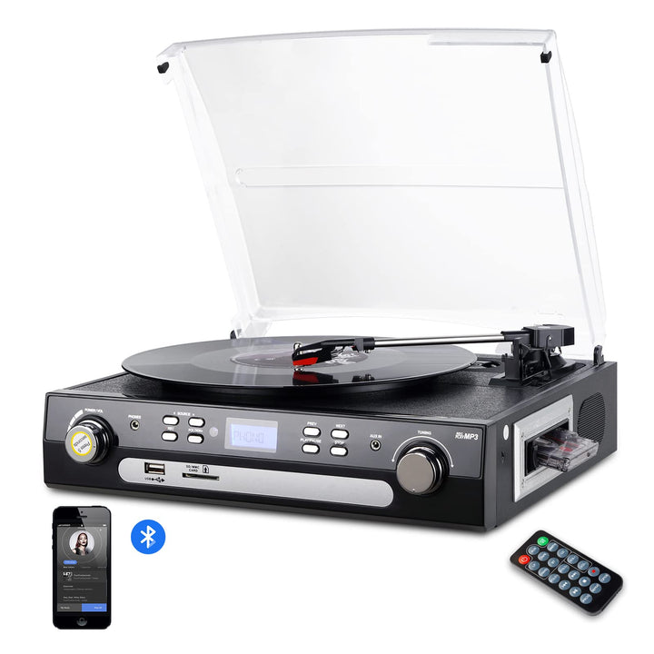 DIGITNOW! Vinil pikap Bluetooth pikap çalar Stereo hoparlörlü, pikap çalar 3 hız kademesi, kaset AM/