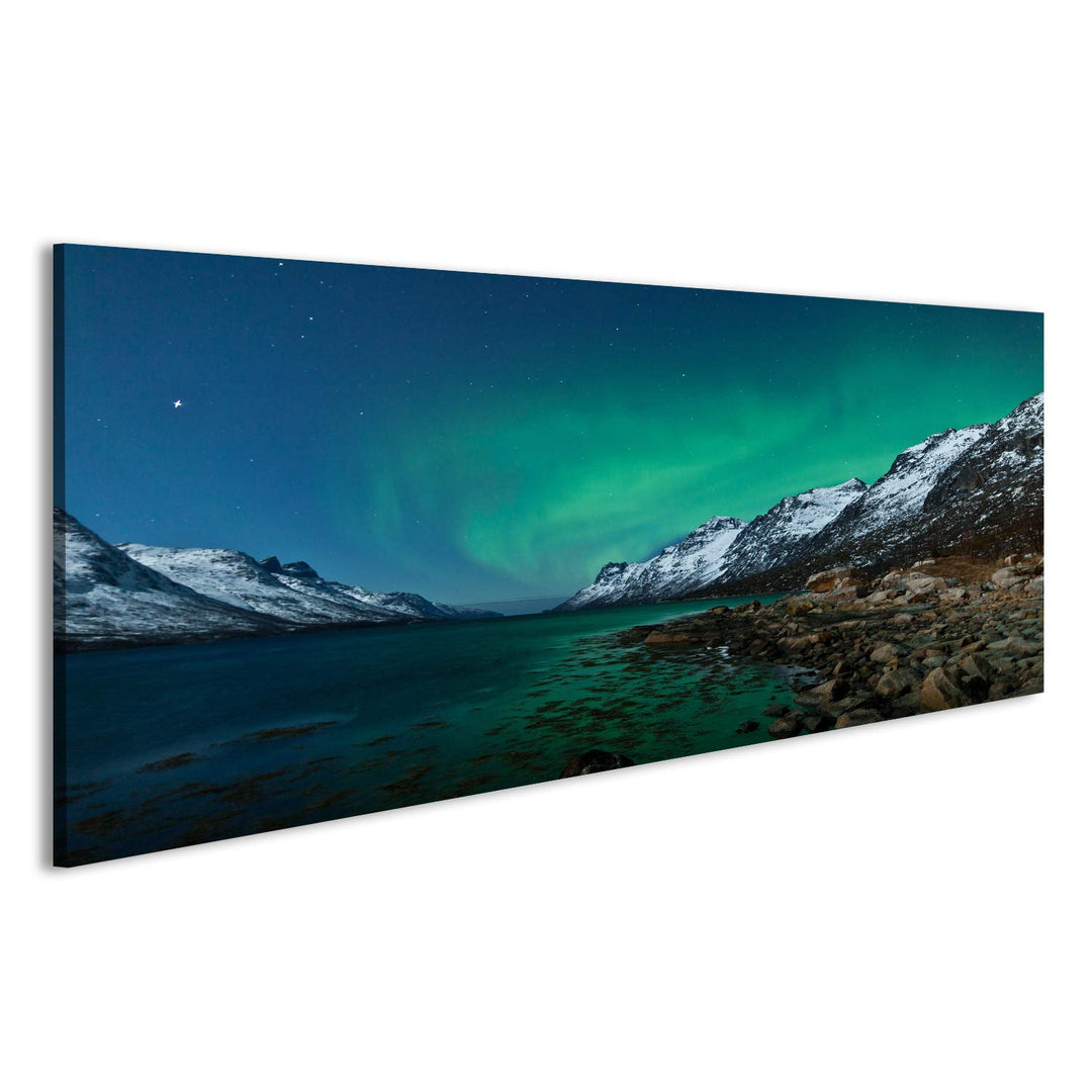 islandburner Bild auf Leinwand Aurora Borealis Nordlichter Reflexion Mit Fjorden Bilder Wandbilder P
