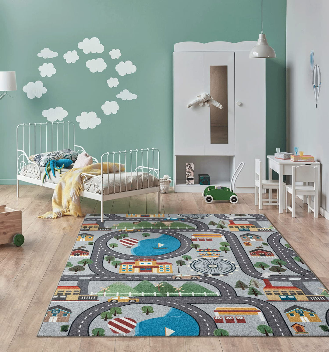 the carpet Happy Life – Kinderteppich Spielteppich Strassen- und Stadtmotiv mit Auto, rutschfest & p
