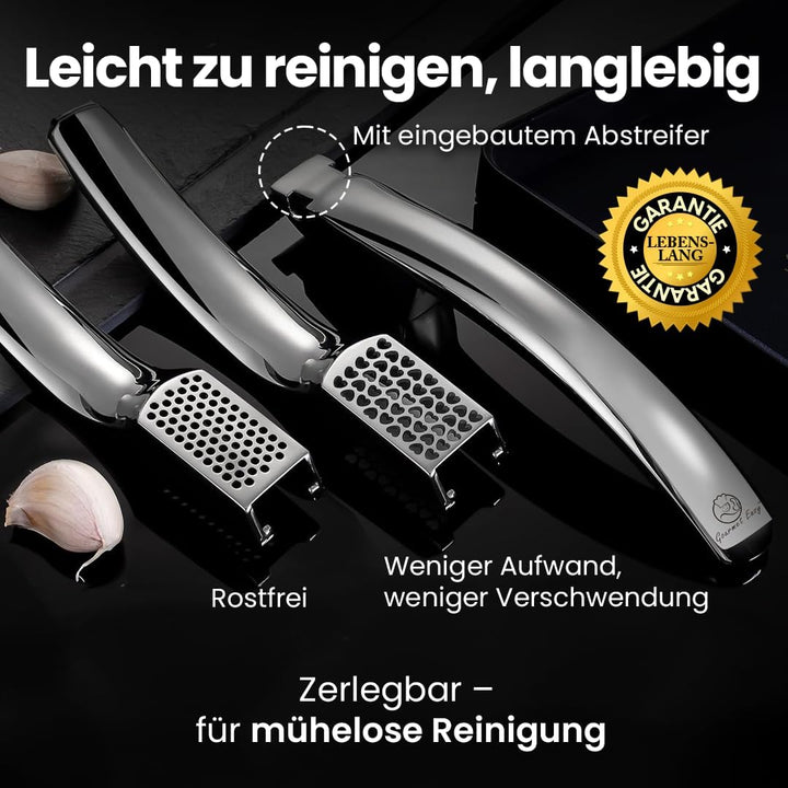 Knoblauchpresse Edelstahl Set mit 2 Aufsätzen | Knoblauch Presse für Knoblauchpaste &amp; Stücke | Garli