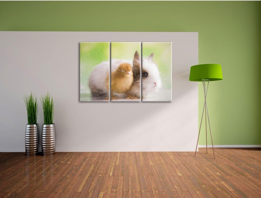 Pixxprint kleines Küken mit süssem Häschen / 3-Teilig/Gesamtmass 120cm Leinwandbild bespannt auf Hol
