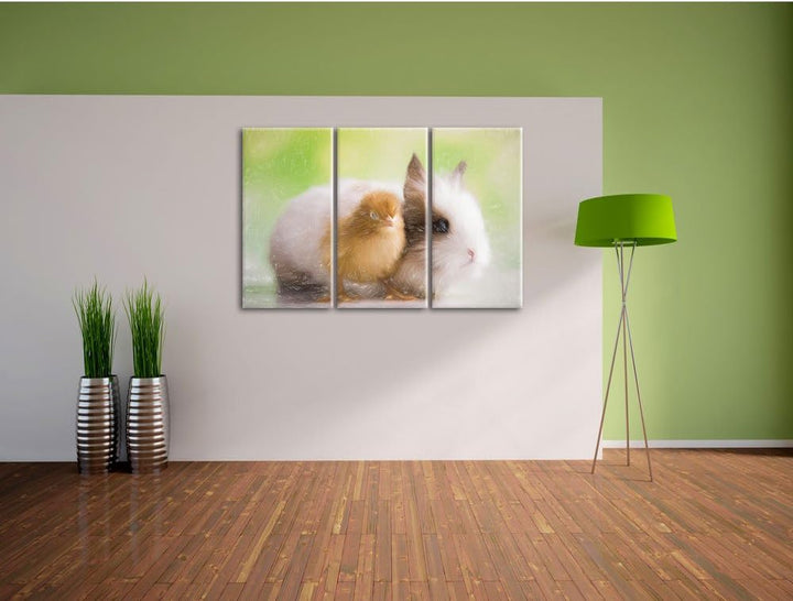 Pixxprint kleines Küken mit süssem Häschen / 3-Teilig/Gesamtmass 120cm Leinwandbild bespannt auf Hol