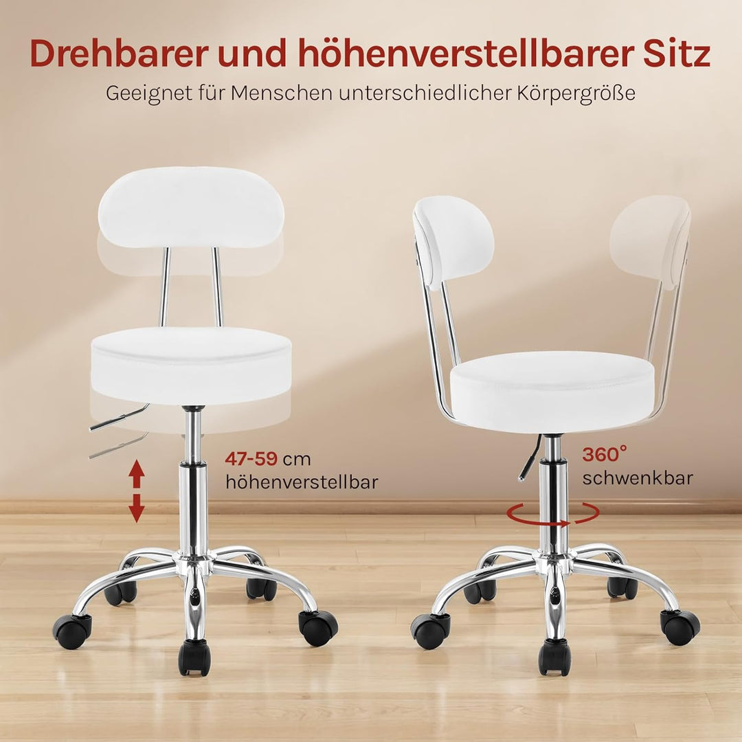 WOLTU Rollhocker Schminkhocker Hocker höhenverstellbar mit Rollen & Lehne Wolkenweiss Arbeitshocker