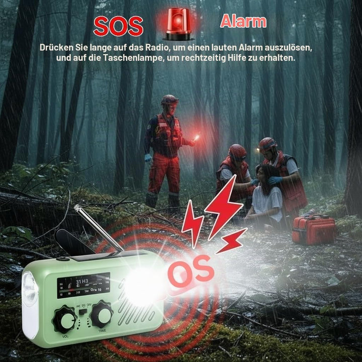 Notfall Radio, 3-Wege-Ladung (Solar, Kurbel, USB-C) Powerbank, 2000mAh Akku, AM/FM Radio, SOS, LED-T