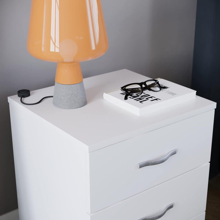 Vida Designs Schrank, weiss, 3 Schubladen, Nachttisch, Metallgriffe und -schienen, silberfarben, 47