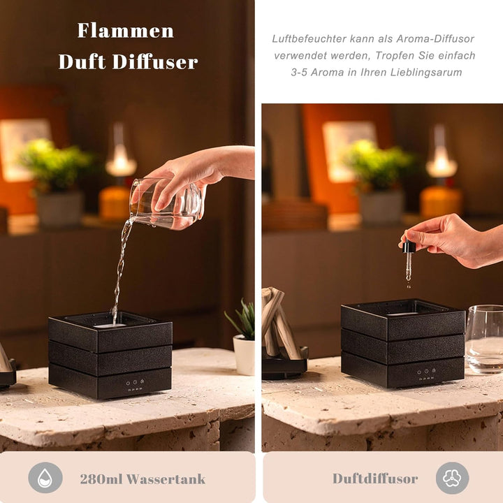 Luftbefeuchter, 280ml Flammen Duft Diffuser, Aufladbarer Luftbefeuchter mit Farbiges Licht, Drei Gan