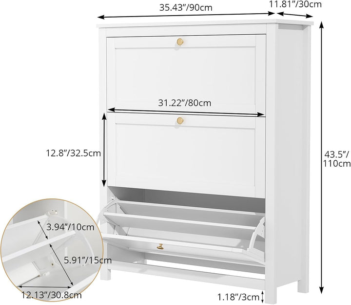 VOWNER Schuhschrank mit 3 Klappen, Schuhregal Schuhkipper Schmal, Schuhschrank Weiss, mit 6 Fächern,