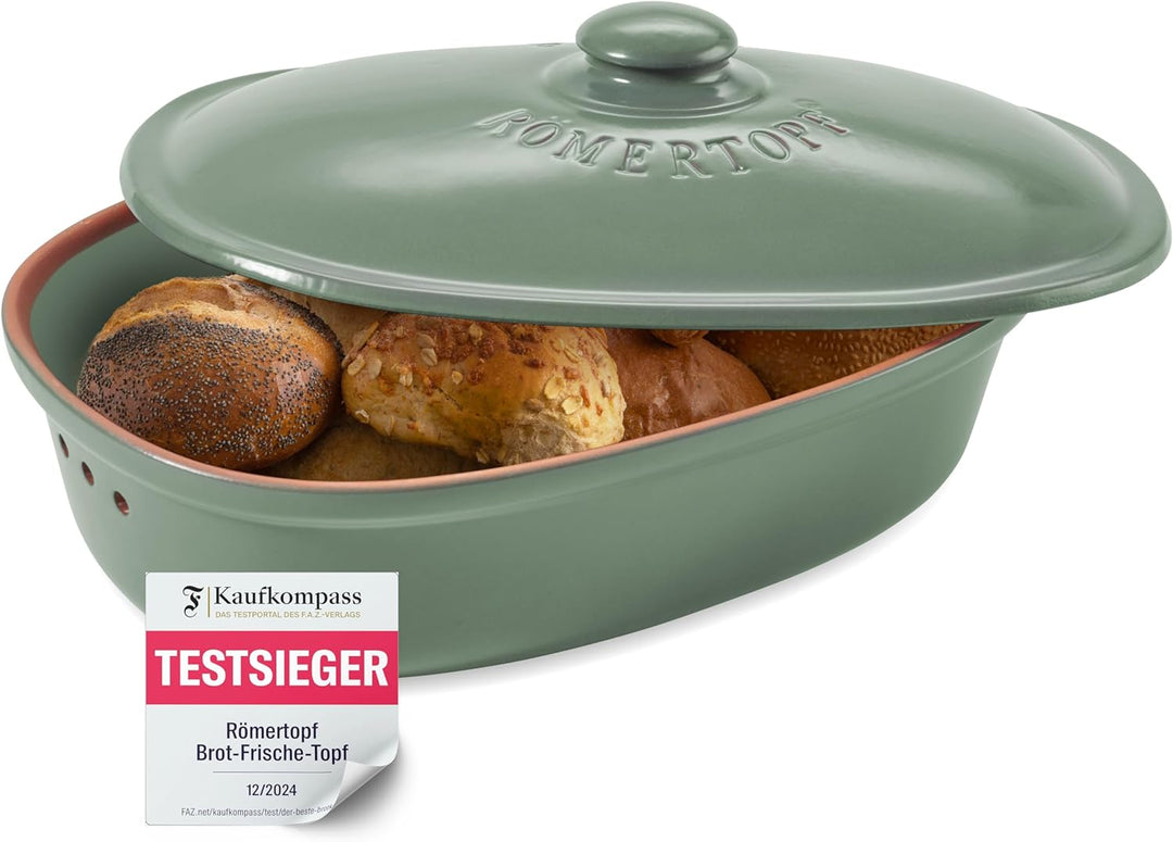 Römertopf Brottopf oval MAXI 6,5 Liter - Brotkasten Grün aus Keramik - Atmungsaktiver Tontopf für la
