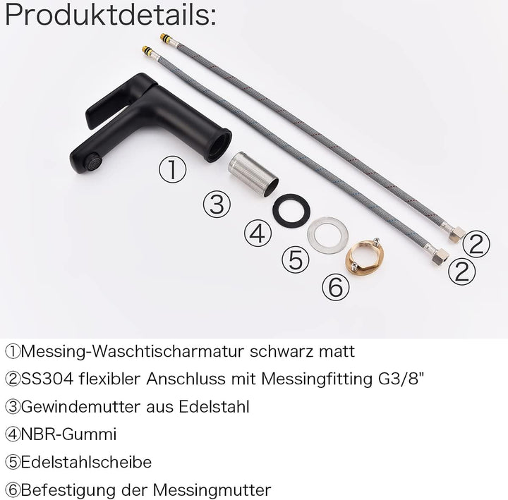 Krobec Wasserhahn Badezimmer Waschbecken Messing (mattschwarz), Mattschwarz