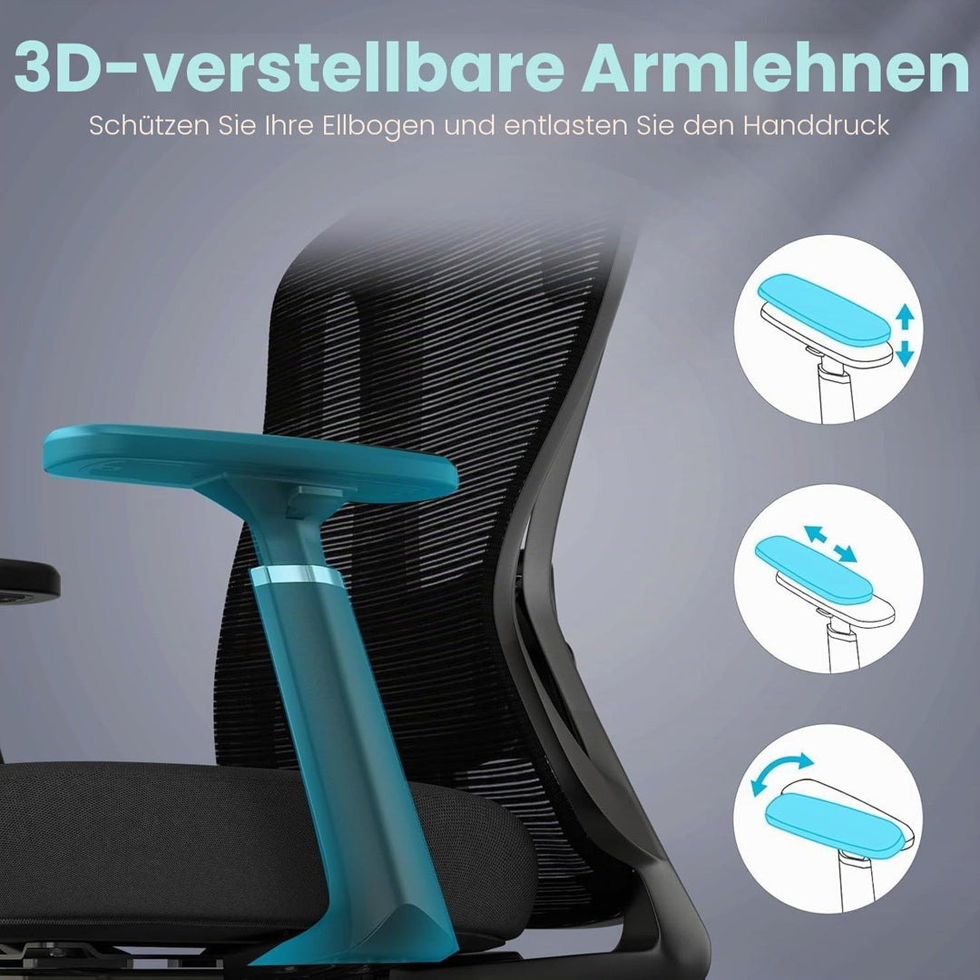 Farini Ergonomischer Bürostuhl, Heimbüro, Netzstuhl mit Lendenwirbelstütze, 3D-Armlehnen und Verstel