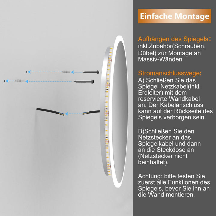 Aica Sanitär LED Badspiegel rund 50 cm Touch Beschlagfrei Wandspiegel mit Beleuchtung Lichtspiegel B
