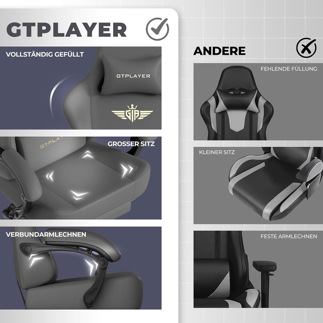 GTPLAYER Gaming Stuhl, Atmungsaktiver Bürostuhl, bürostuhl ergonomisch, Hochwertiger - Kunstleder, E