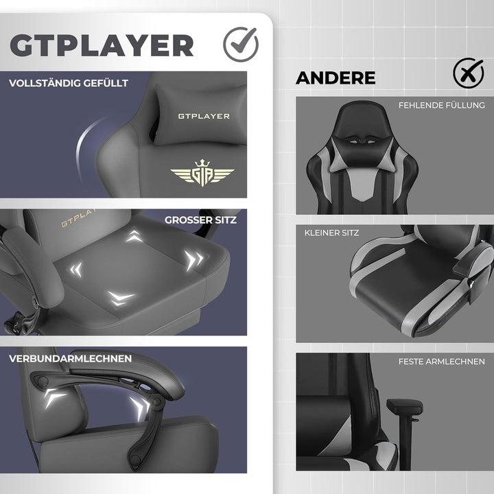 GTPLAYER Gaming Stuhl, Atmungsaktiver Bürostuhl, bürostuhl ergonomisch, Hochwertiger - Kunstleder, E