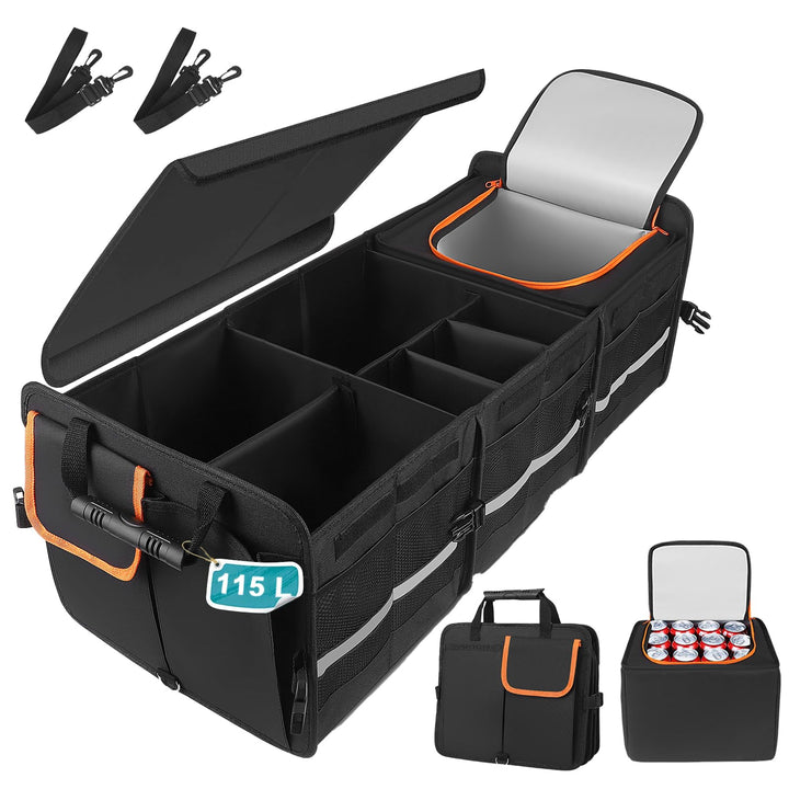 XXXL Auto Kofferraum Organizer mit Deckel, 115L Faltbare Auto Aufbewahrungsbox und 24L Kühltasche mi