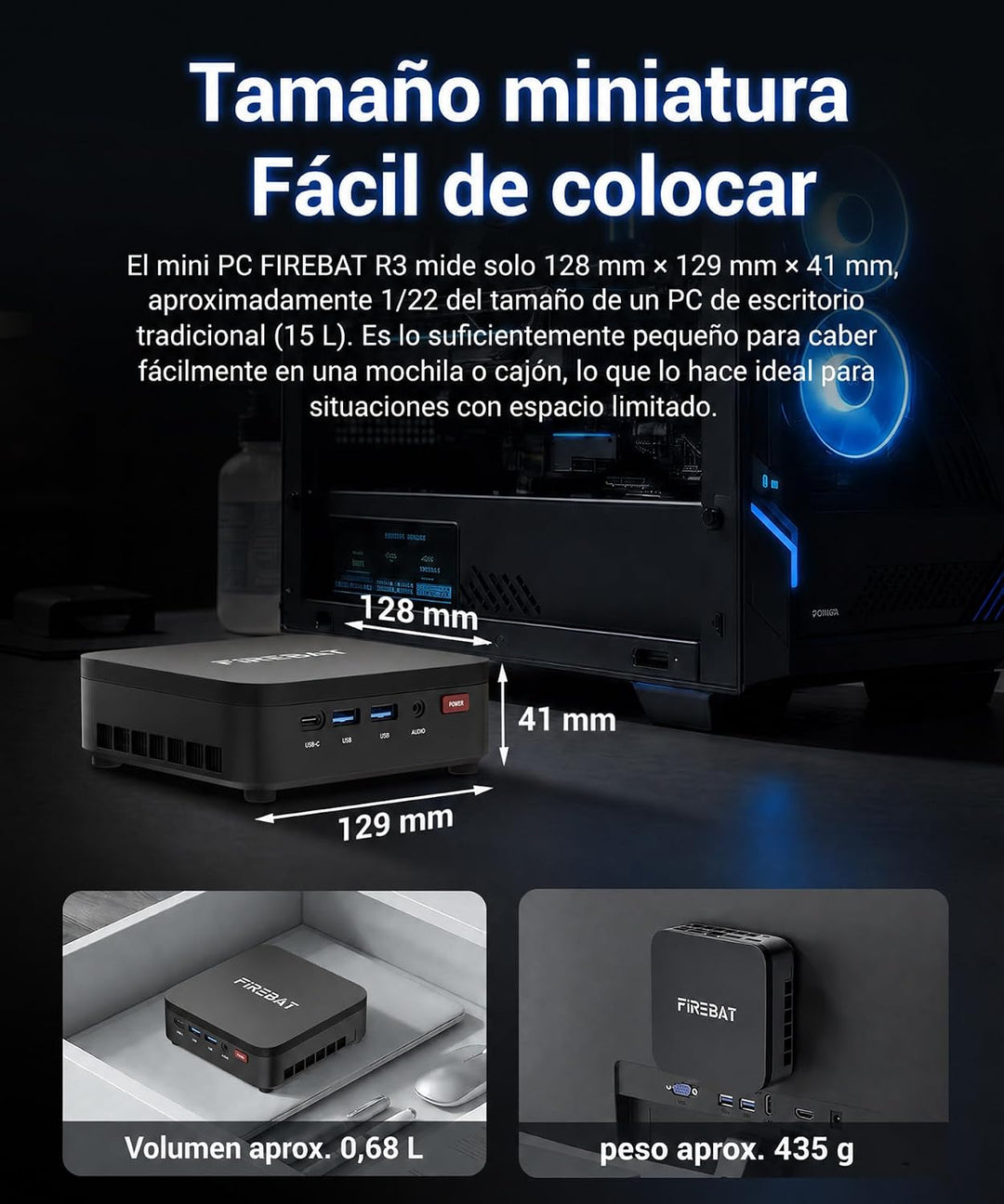 FIREBAT R3 Mini-PC, Ryzen 5 7430U (bis zu 4,3 GHz), 16 GB LPDDR4, 512 GB SSD, DREI 4K-Anschlüsse mit
