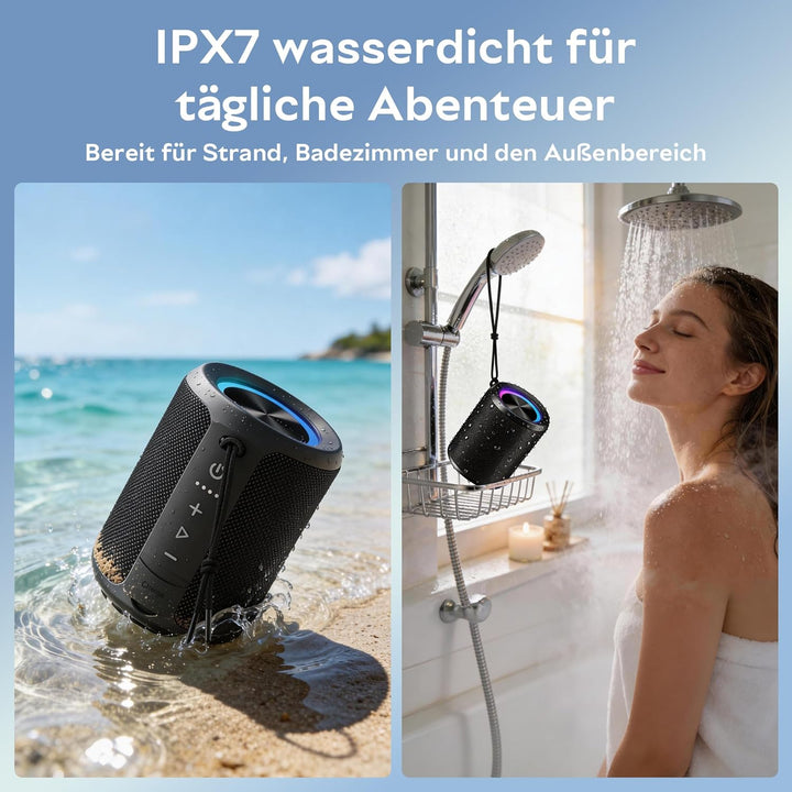 Bluetooth Lautsprecher, Tragbarer Lautsprecher Kabelloser mit IPX7 wasserdicht, Fantastischer Sound,