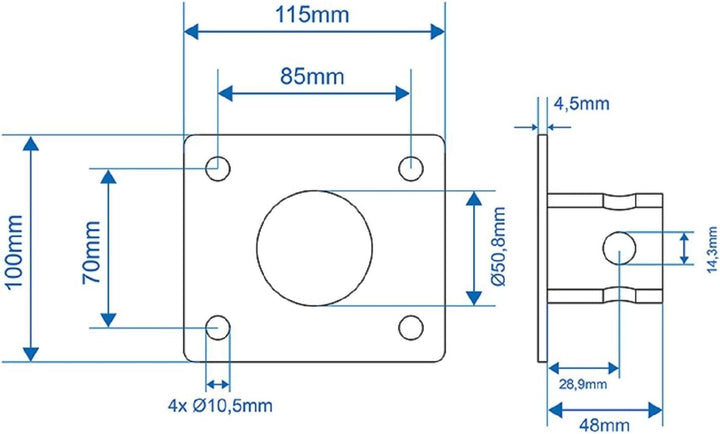 Preiswert & Gut 2X Halterung für Abstellstütze Silber – 115x100 mm Ø 51 mm 620 g Bohrungen Ø 10,5 mm