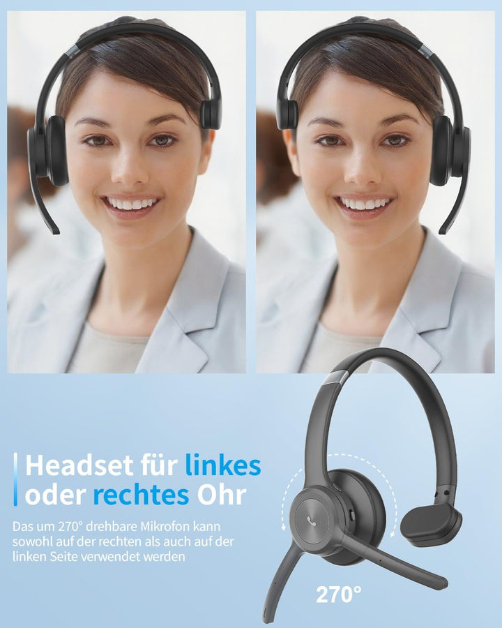MONODEAL Bluetooth Headset mit Mikrofon, Wireless Kopfhörer mit Stummschalttaste, Geräuschunterdrück