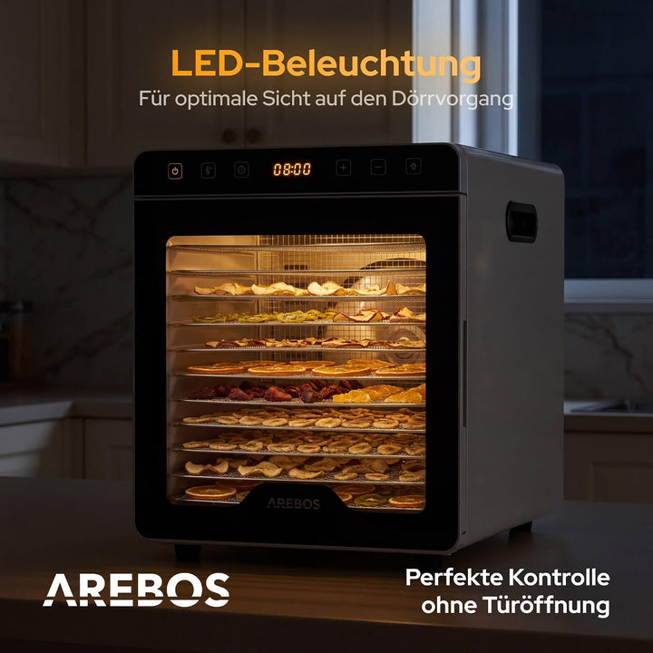 Arebos Dörrautomat Edelstahl 800W | Dehydrator mit 12 Gittern & 29L | Dörrgerät für Obst, Gemüse, Kr