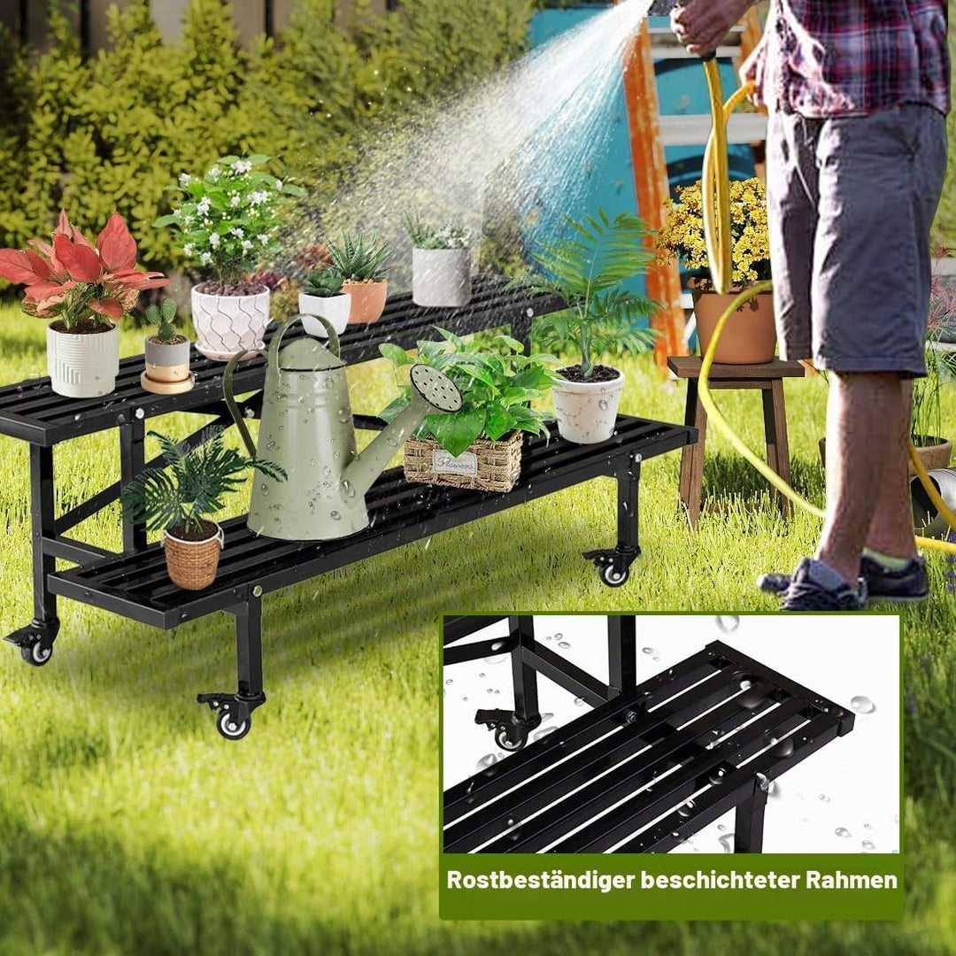 CStern Blumenregal mit Rollen,Metall Blumenständer,2 Etagen Blumentreppe,Schwarz Pflanzenregal,Pflan