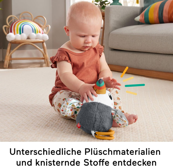 Fisher-Price Flap & Go Tukan - Plüschiges Kinderwagenspielzeug, fördert Feinmotorik und sensorische