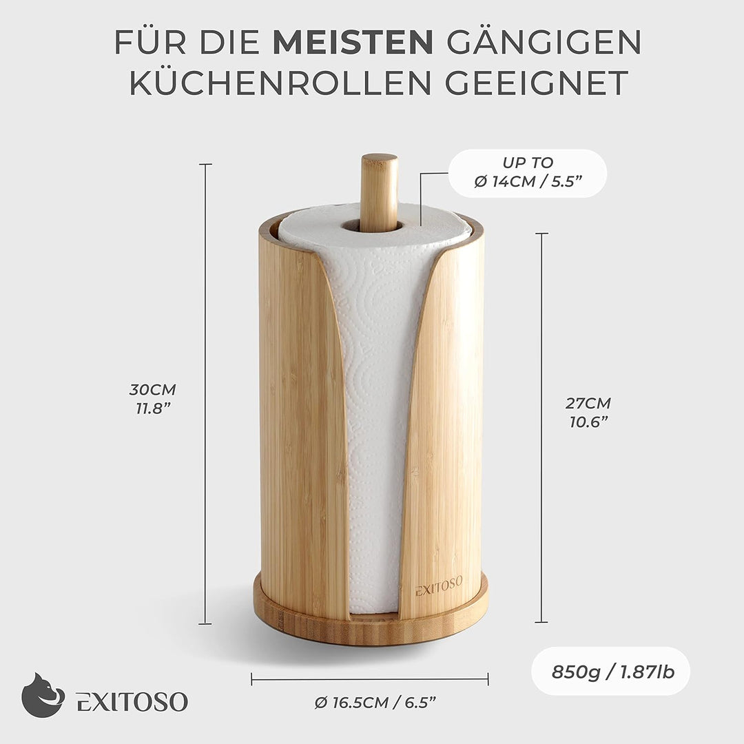 Exitoso Küchenrollenhalter aus Bambus | Küchenpapierhalter Holz für standard Küchenrollen, stehend |