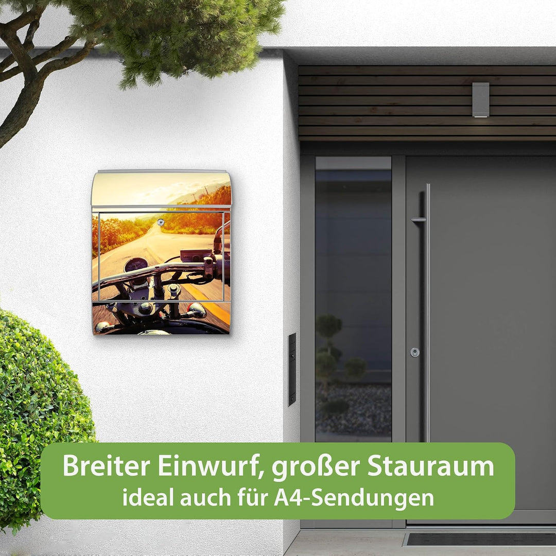 banjado® Design Briefkasten mit Motiv Easy Rider 39x47x14cm &amp; 2 Schlüssel - Briefkasten Stahl Silber