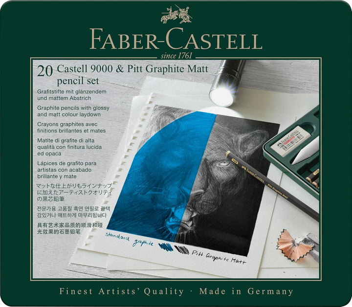 Faber-Castell 115224 - Bleistifte Set Pitt Graphite Matt &amp; Castell 9000, 20-teilig, inkl. Papierwisc