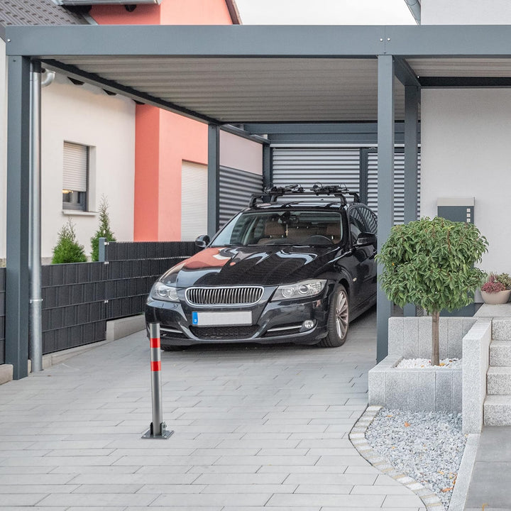Relaxdays 4 x Absperrpfosten rund, Parkplatzsperre klappbar, Parkpfosten mit Warnstreifen, 3 Schlüss