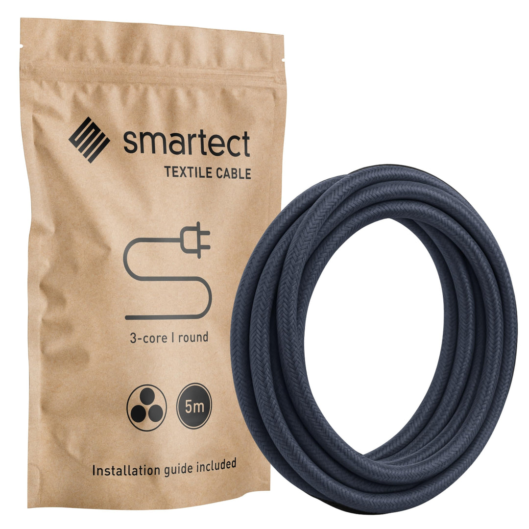 smartect Textilkabel 3-Adrig (3 x 0.75 mm²) Anthrazit, 5 Meter | Vintage Lampenkabel Stoff, Stromkab