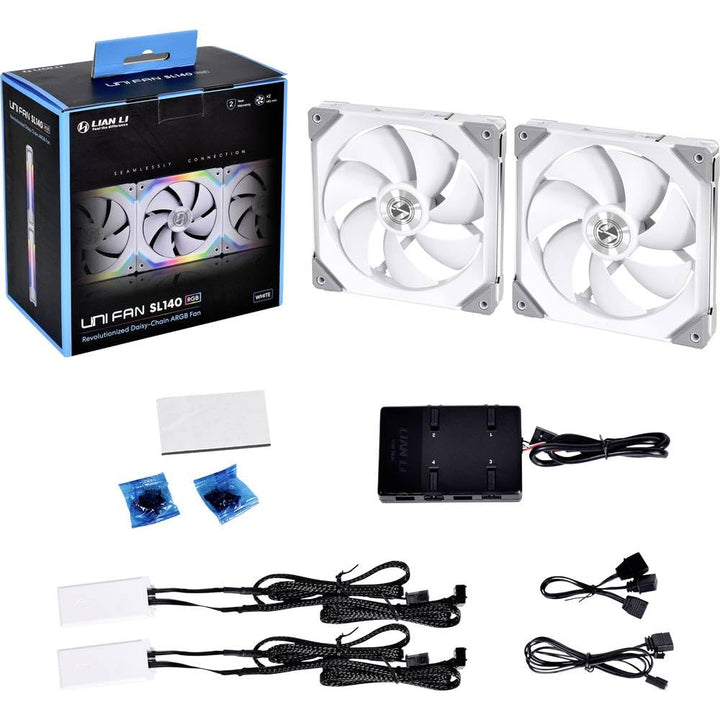 Lian Li UNI FAN SL140 PWM RGB Lüfter 140mm 2er Pack inkl. Controller, 32 Digital RGB-LEDs Lüfter 140