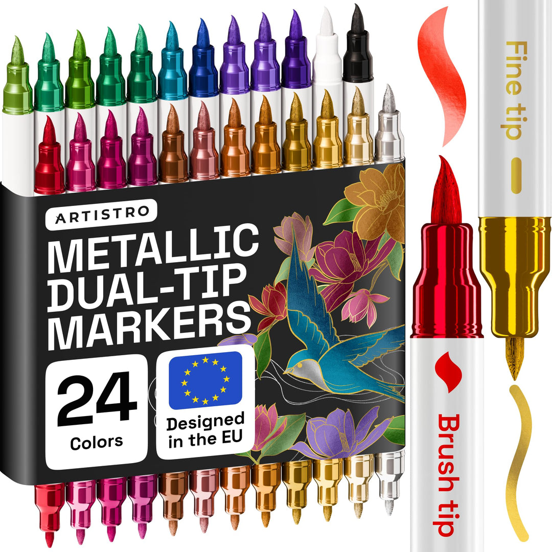 Artistro 24 Metallic Acrylstifte mit Doppelspitze (Pinsel & Feine Spitze), Mehrfarbig – Für Stoff, L