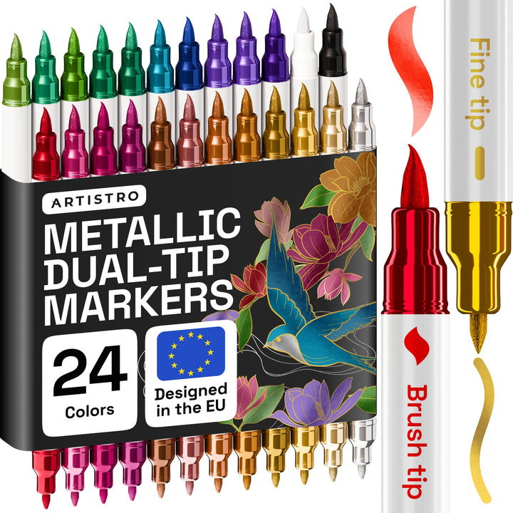 Artistro 24 Metallic Acrylstifte mit Doppelspitze (Pinsel & Feine Spitze), Mehrfarbig – Für Stoff, L