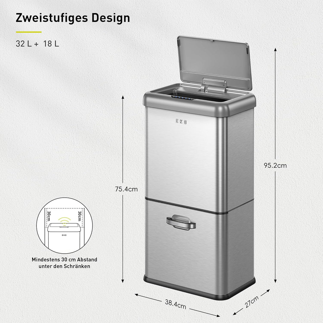 EKO Vintage 50L Mülleimer Sensor, Mülleimer 2 Fächer 32L + 18L, Mattes Edelstahl Küchenabfalleimer,