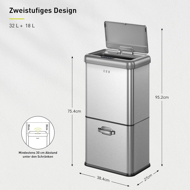 EKO Vintage 50L Mülleimer Sensor, Mülleimer 2 Fächer 32L + 18L, Mattes Edelstahl Küchenabfalleimer,