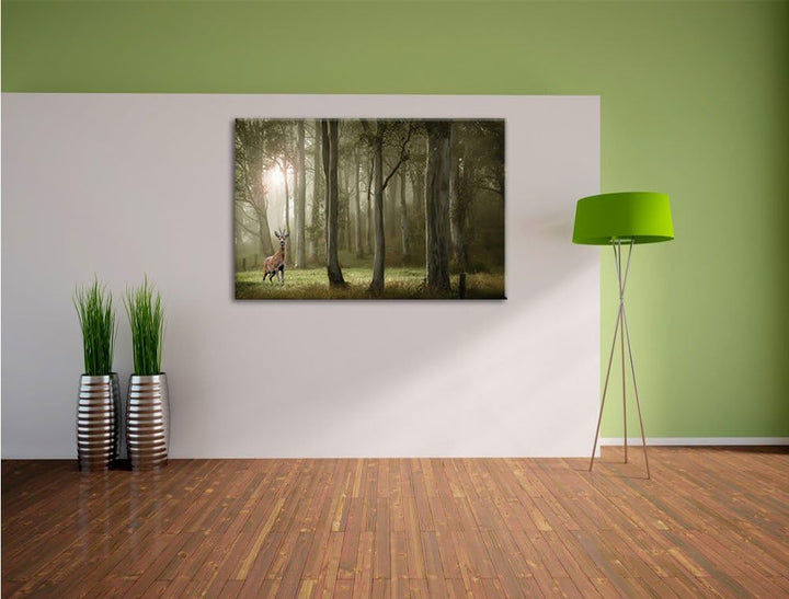 Pixxprint Hirsch im Wald als Leinwandbild/Grösse: 100x70 cm/Wandbild/Kunstdruck/fertig bespannt, 100