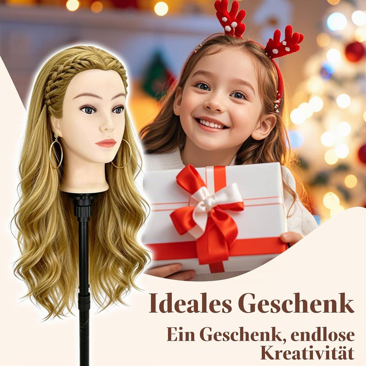 Yofuly 24Zoll / 61cm Frisierkopf mit Ohrlöchern, 80% Echthaar Übungskopf, Frisieren Trainingsköpfe P