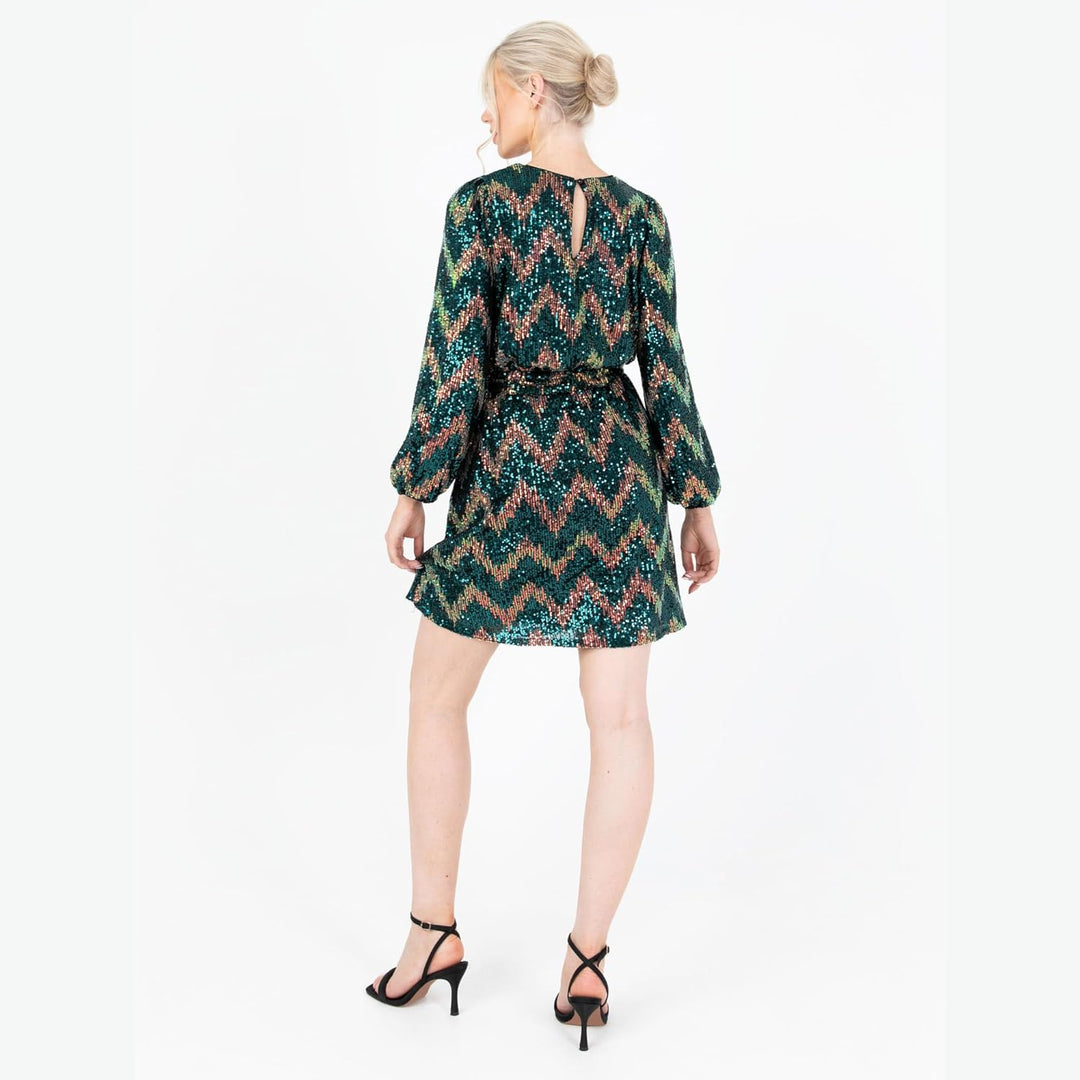 Women's Mini Dress Ladies Short Sequin Embellished Long Sleeve Round Neck Tie Belt Zig-Zag for Party