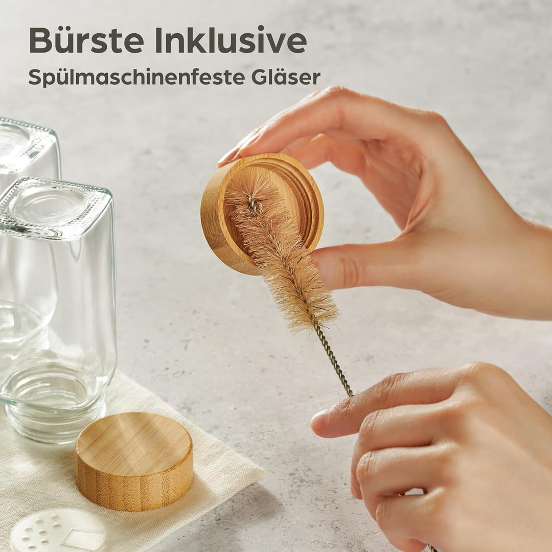 Praknu Gewürzgläser Eckig mit Bambusdeckel - 12er Set - Gewürz Organizer - Mit Streueinsatz - Gewürz