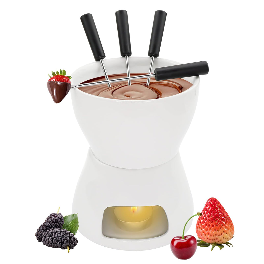 Schokofondue Tasse Set, Keramike Schokofondue mit 4 Gabeln und 1 Teelicht, Schokoladenfondue für Hau