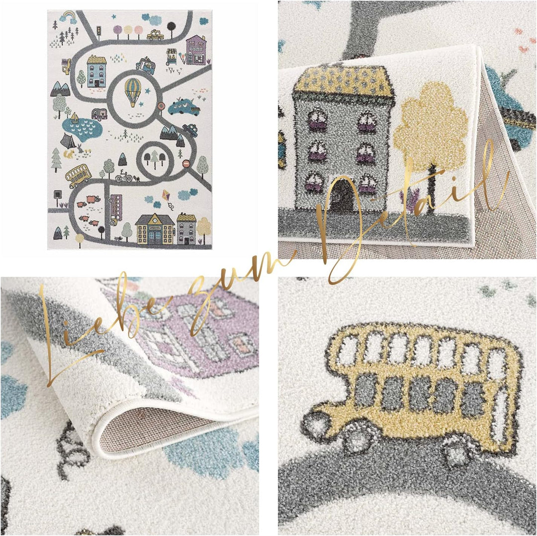 payé Teppich Kinderzimmer Läufer - Creme - 80x150cm - Strassenteppich Pastellfarben Spielteppich Kin